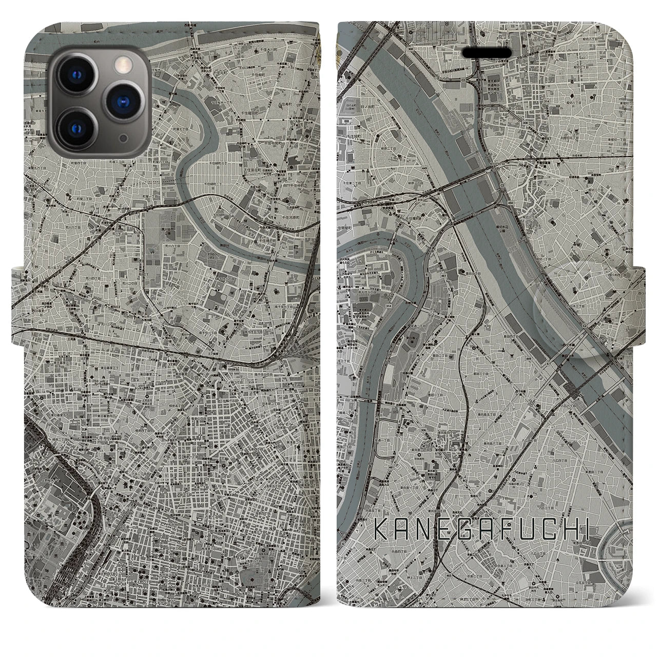 【鐘ヶ淵(東京都)】地図柄iPhoneケース(手帳タイプ)モノトーン・iPhone 11 Pro Max 用