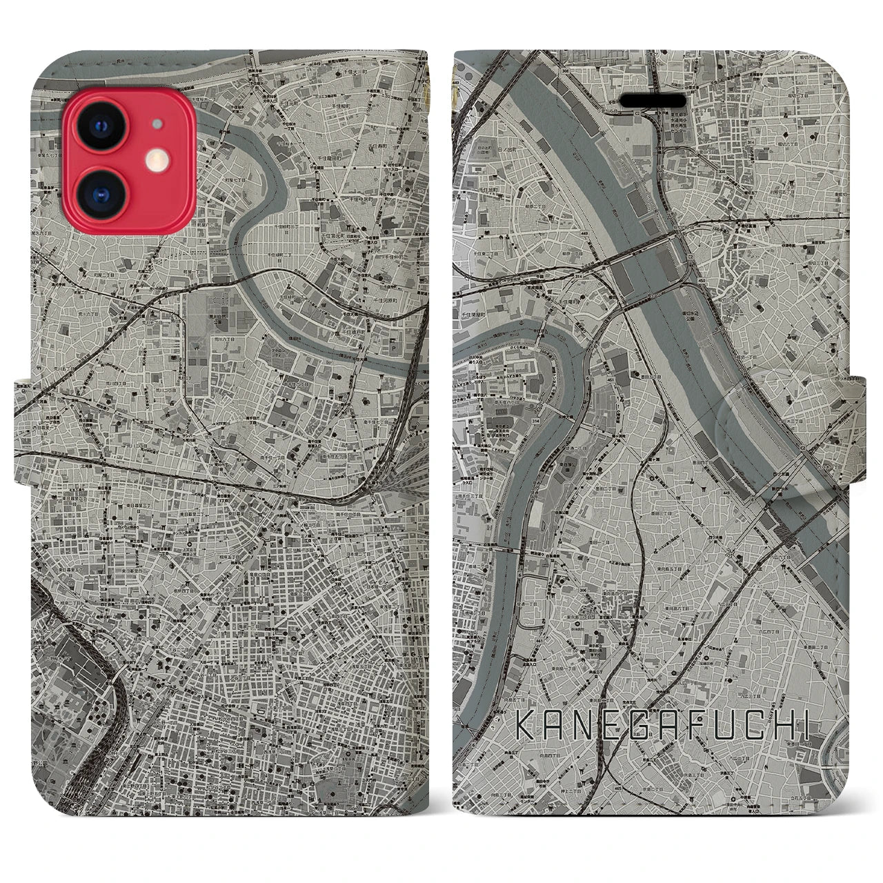 【鐘ヶ淵(東京都)】地図柄iPhoneケース(手帳タイプ)モノトーン・iPhone 11 用