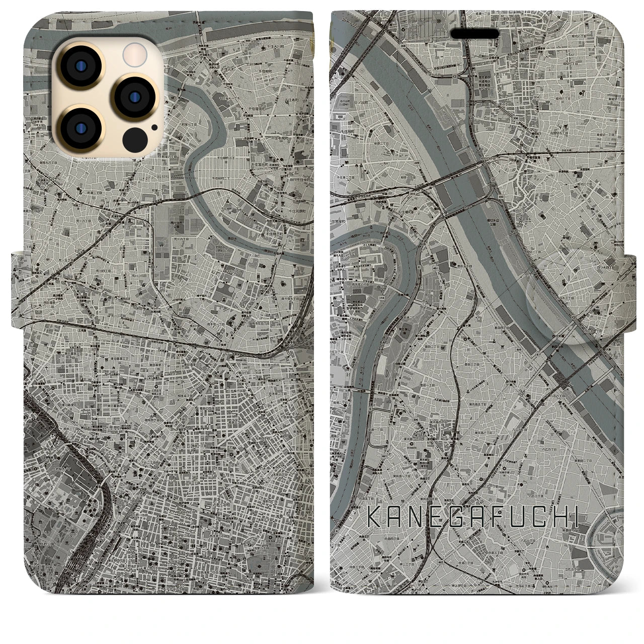 【鐘ヶ淵(東京都)】地図柄iPhoneケース(手帳タイプ)モノトーン・iPhone 12 Pro Max 用