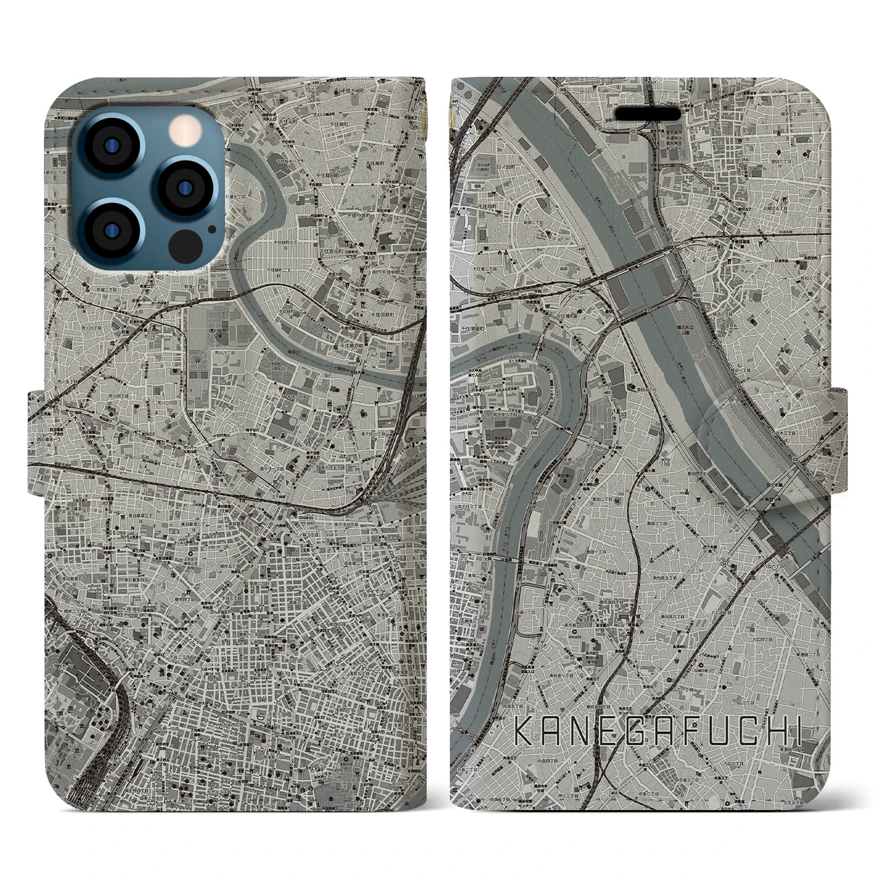 【鐘ヶ淵(東京都)】地図柄iPhoneケース(手帳タイプ)モノトーン・iPhone 12 / 12 Pro 用