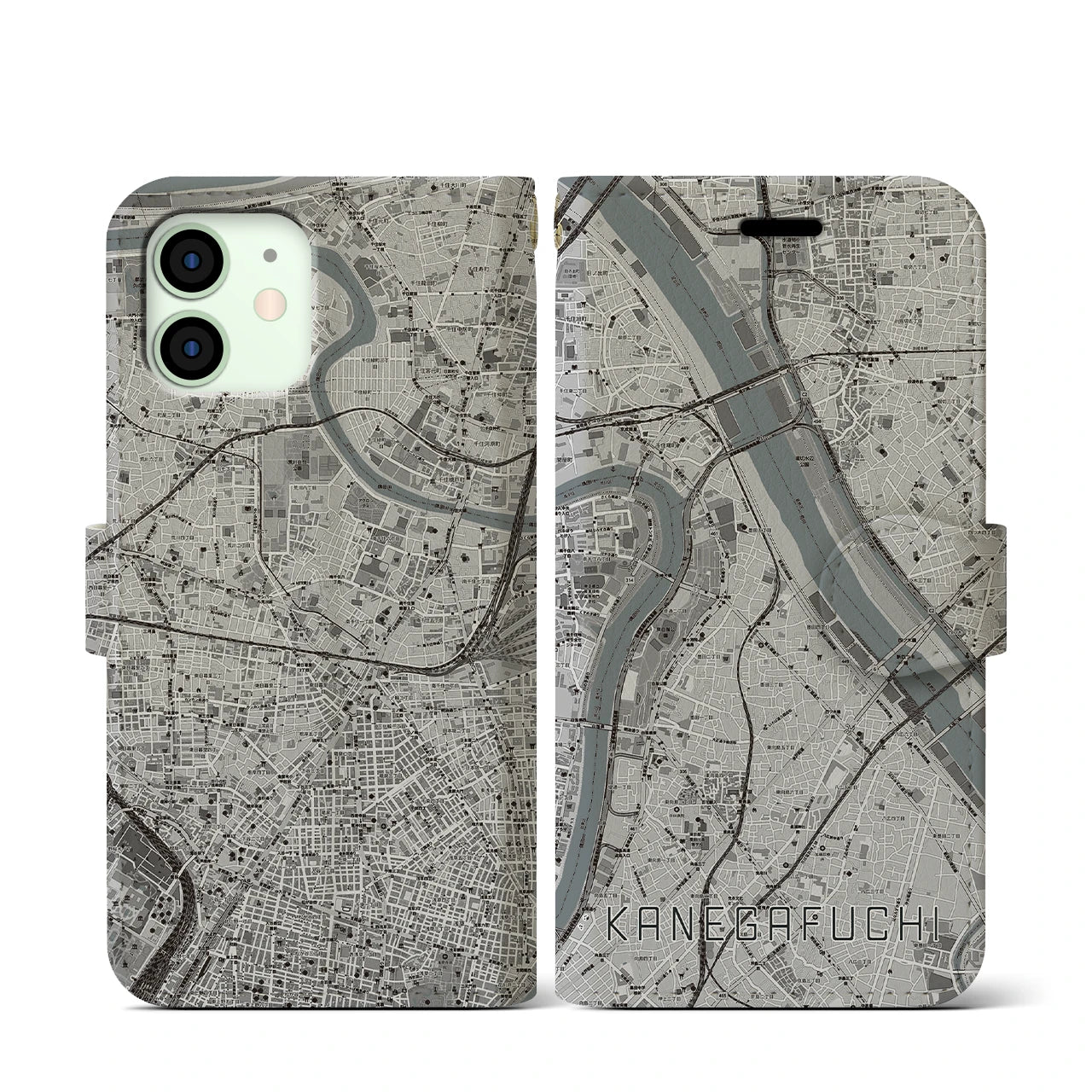 【鐘ヶ淵(東京都)】地図柄iPhoneケース(手帳タイプ)モノトーン・iPhone 12 mini 用