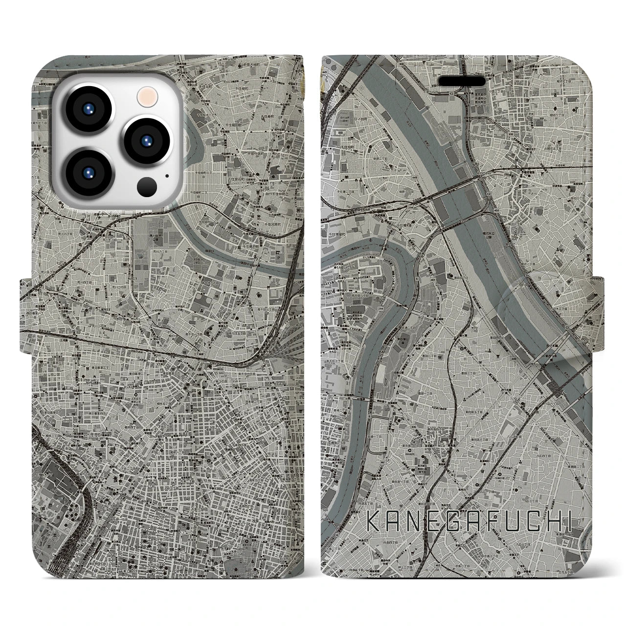 【鐘ヶ淵(東京都)】地図柄iPhoneケース(手帳タイプ)モノトーン・iPhone 13 Pro 用