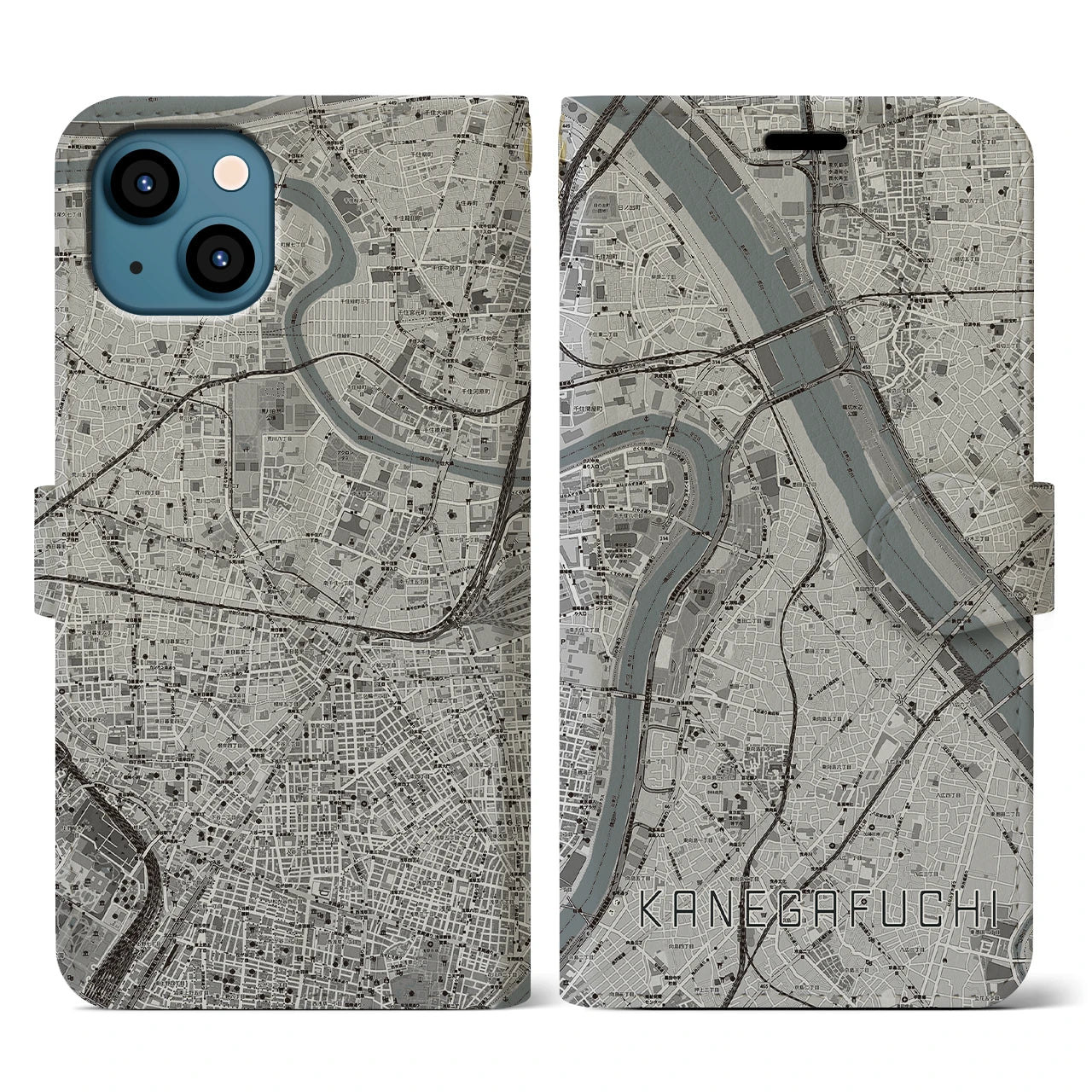【鐘ヶ淵(東京都)】地図柄iPhoneケース(手帳タイプ)モノトーン・iPhone 13 用