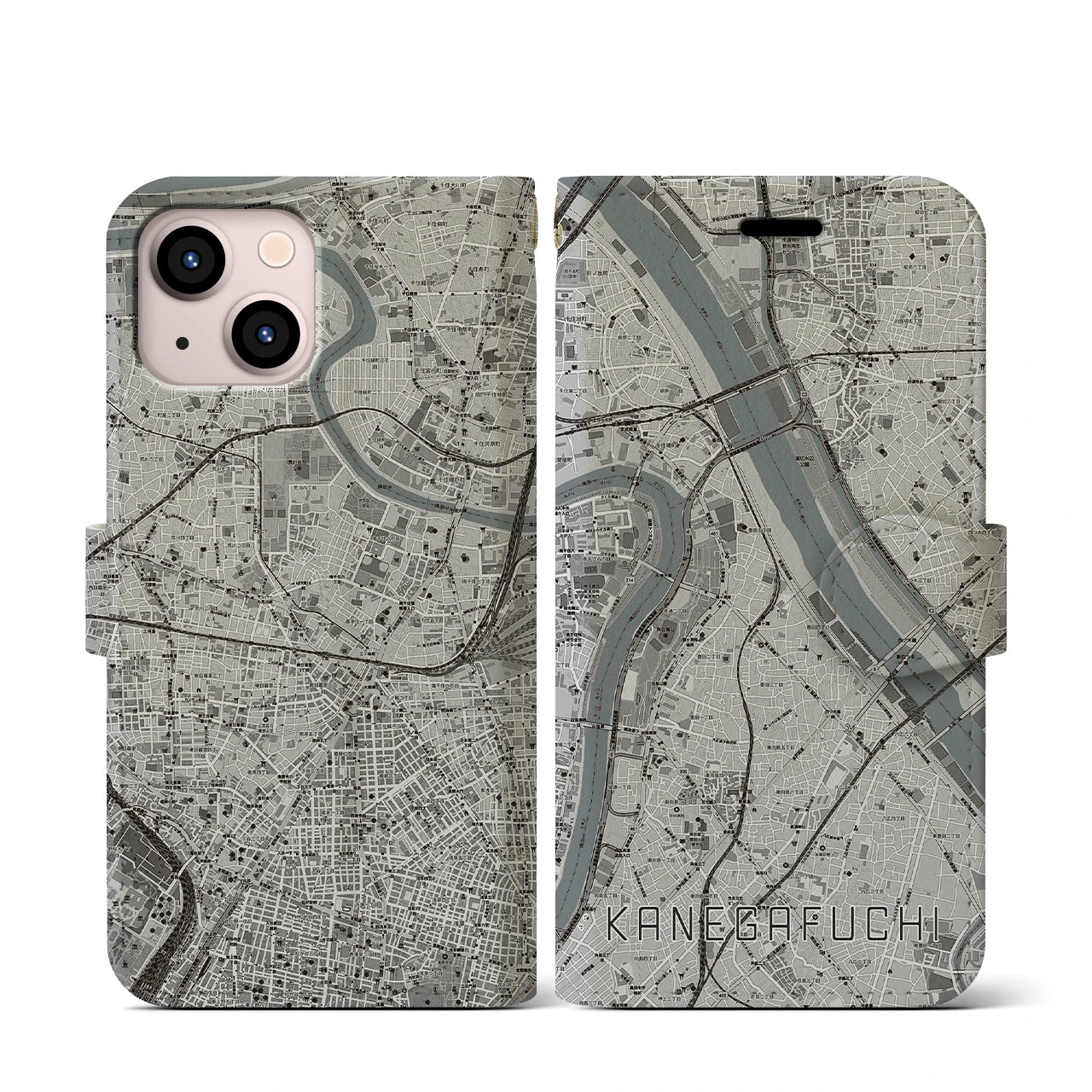 【鐘ヶ淵(東京都)】地図柄iPhoneケース(手帳タイプ)モノトーン・iPhone 13 mini 用