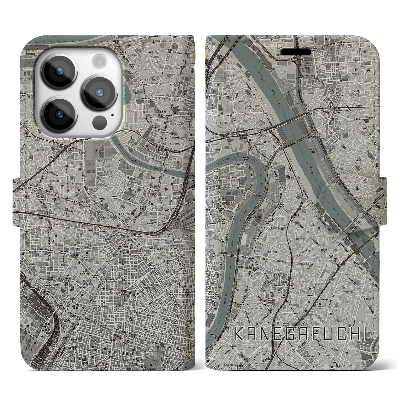 【鐘ヶ淵(東京都)】地図柄iPhoneケース(手帳タイプ)モノトーン・iPhone 14 Pro 用