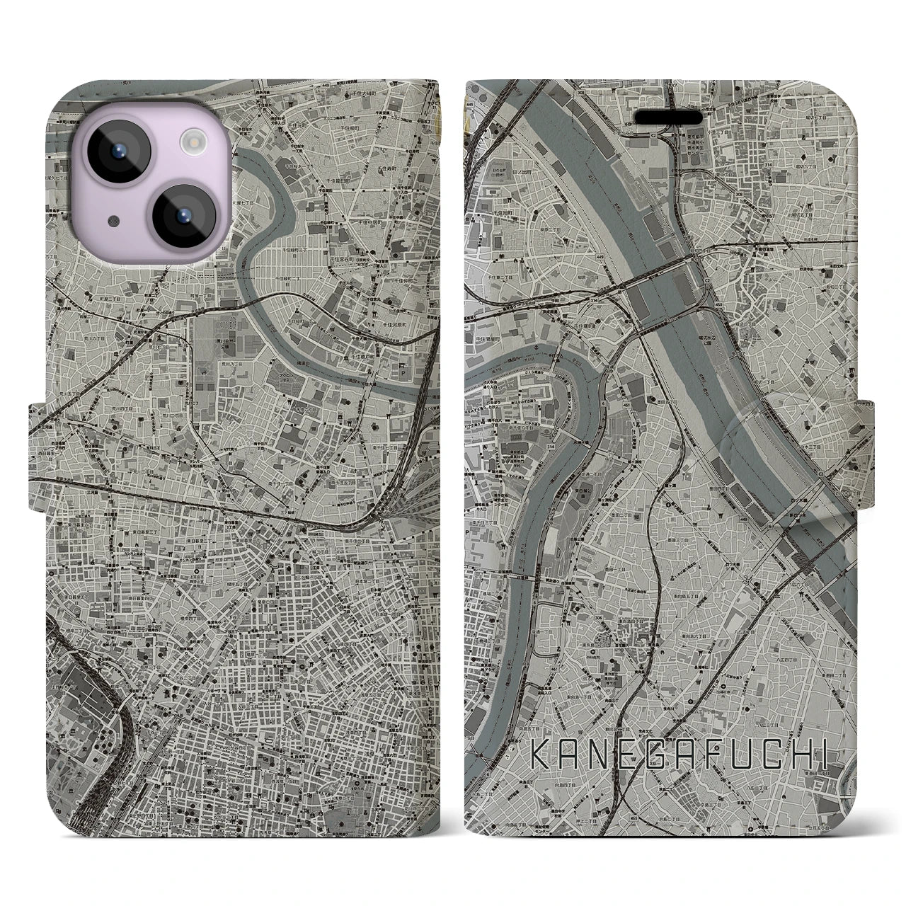 【鐘ヶ淵(東京都)】地図柄iPhoneケース(手帳タイプ)モノトーン・iPhone 14 用