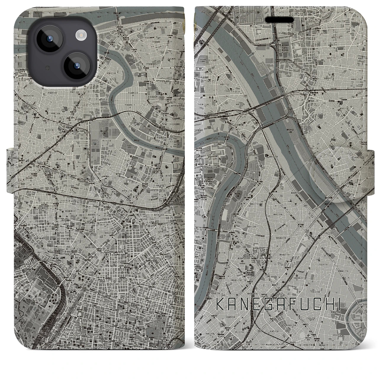【鐘ヶ淵(東京都)】地図柄iPhoneケース(手帳タイプ)モノトーン・iPhone 14 Plus 用