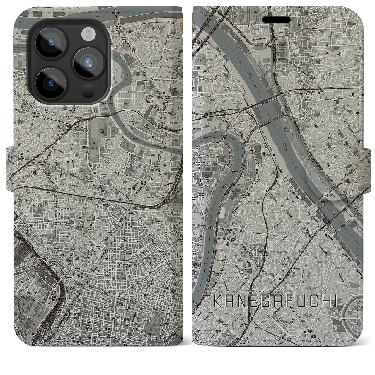 【鐘ヶ淵(東京都)】地図柄iPhoneケース(手帳タイプ)モノトーン・iPhone 15 Pro Max 用