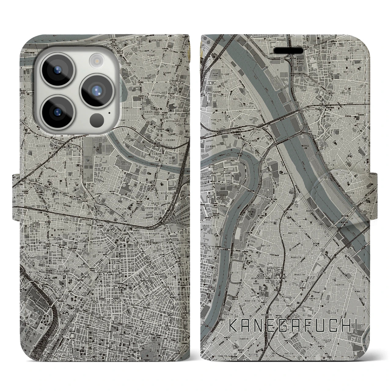 【鐘ヶ淵(東京都)】地図柄iPhoneケース(手帳タイプ)モノトーン・iPhone 15 Pro 用
