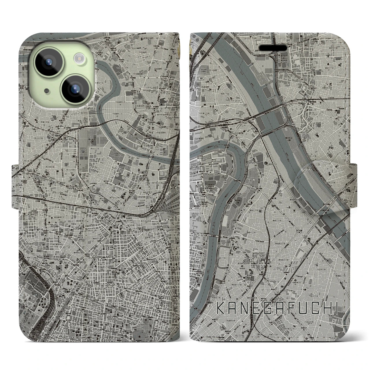 【鐘ヶ淵(東京都)】地図柄iPhoneケース(手帳タイプ)モノトーン・iPhone 15 用