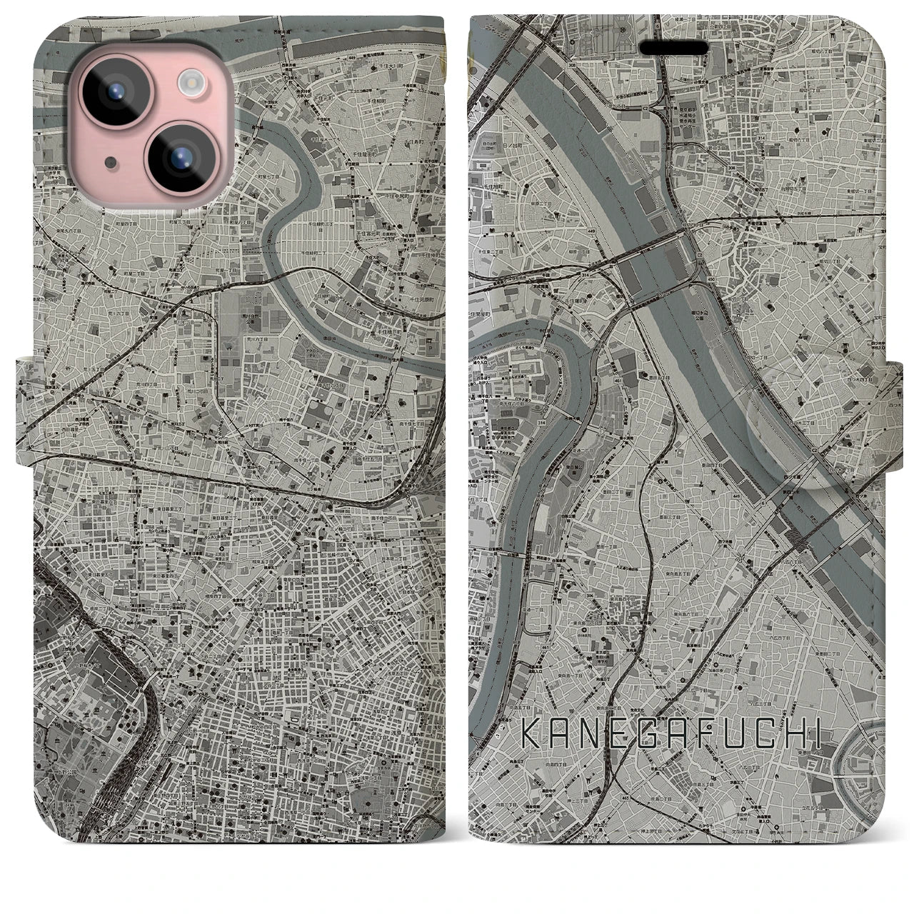 【鐘ヶ淵(東京都)】地図柄iPhoneケース(手帳タイプ)モノトーン・iPhone 15 Plus 用