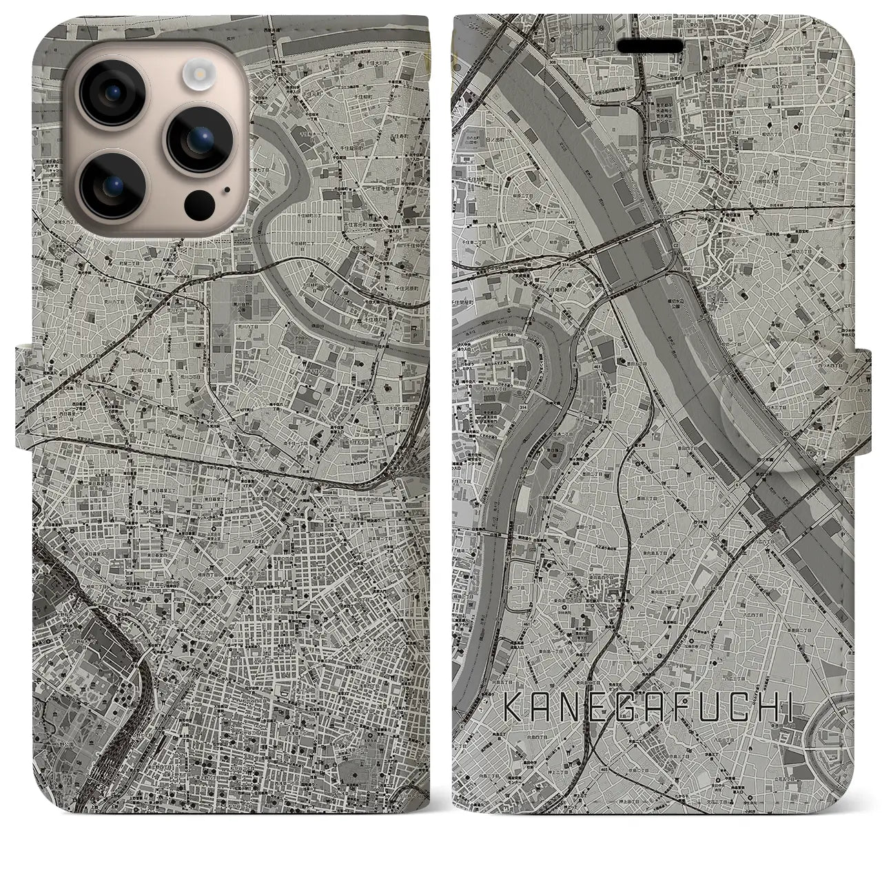【鐘ヶ淵(東京都)】地図柄iPhoneケース(手帳タイプ)モノトーン・iPhone 16 Plus 用