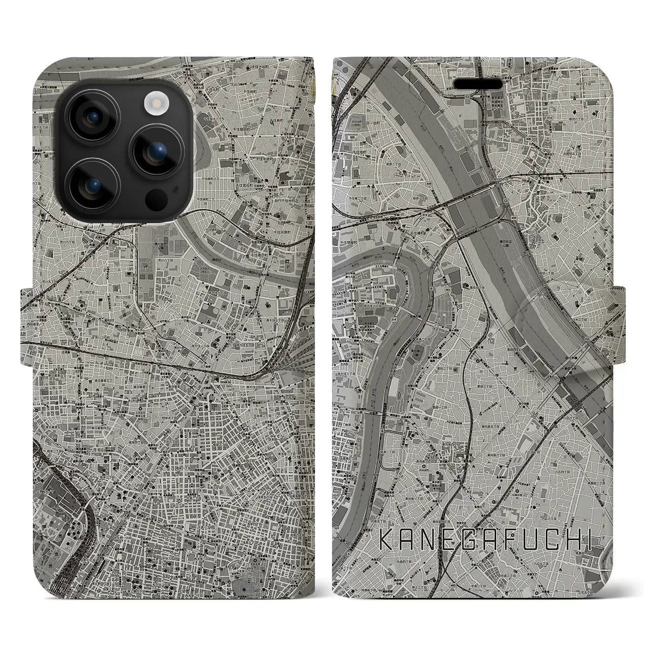 【鐘ヶ淵(東京都)】地図柄iPhoneケース(手帳タイプ)モノトーン・iPhone 16 用