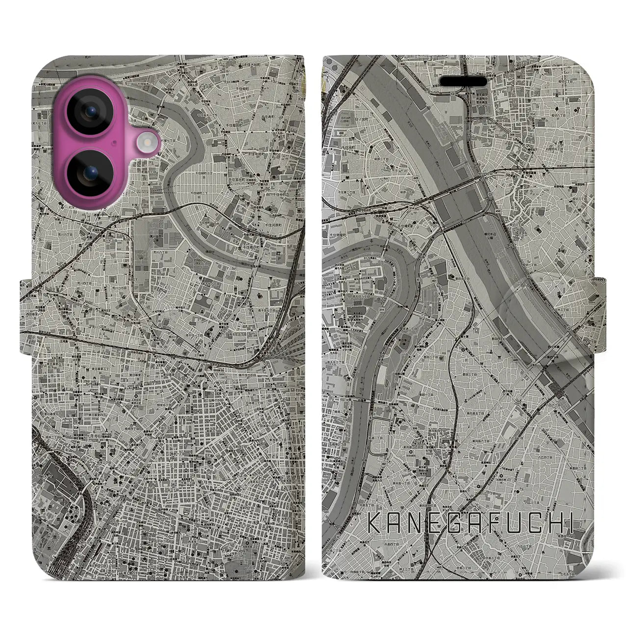 【鐘ヶ淵(東京都)】地図柄iPhoneケース(手帳タイプ)モノトーン・iPhone 16 Pro 用