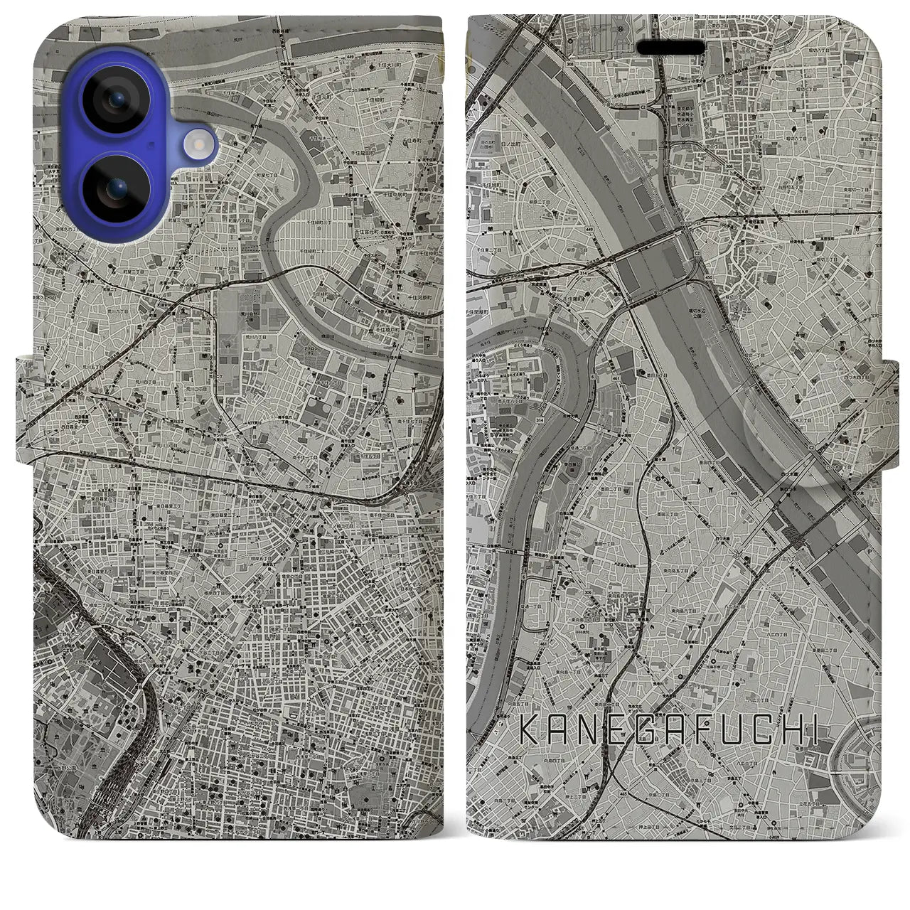 【鐘ヶ淵(東京都)】地図柄iPhoneケース(手帳タイプ)モノトーン・iPhone 16 Pro Max 用