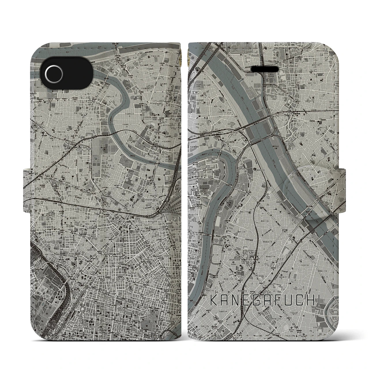 【鐘ヶ淵(東京都)】地図柄iPhoneケース(手帳タイプ)モノトーン・iPhone SE(第3 / 第2世代) / 8 / 7 / 6s / 6 用
