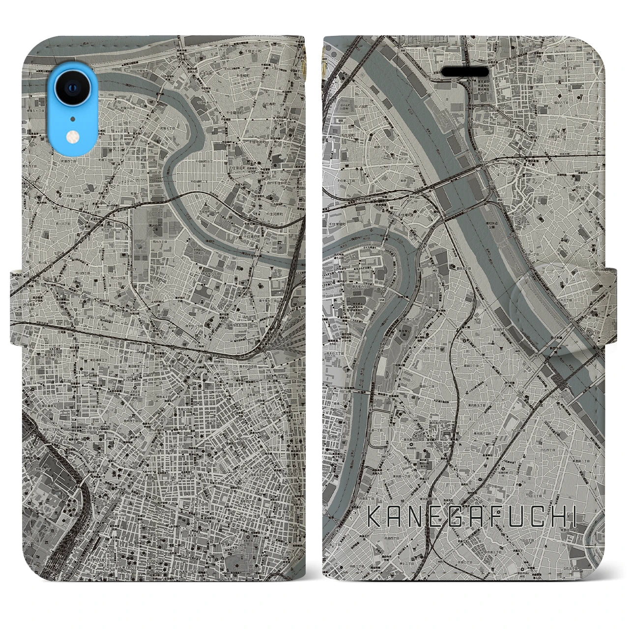 【鐘ヶ淵(東京都)】地図柄iPhoneケース(手帳タイプ)モノトーン・iPhone XR 用