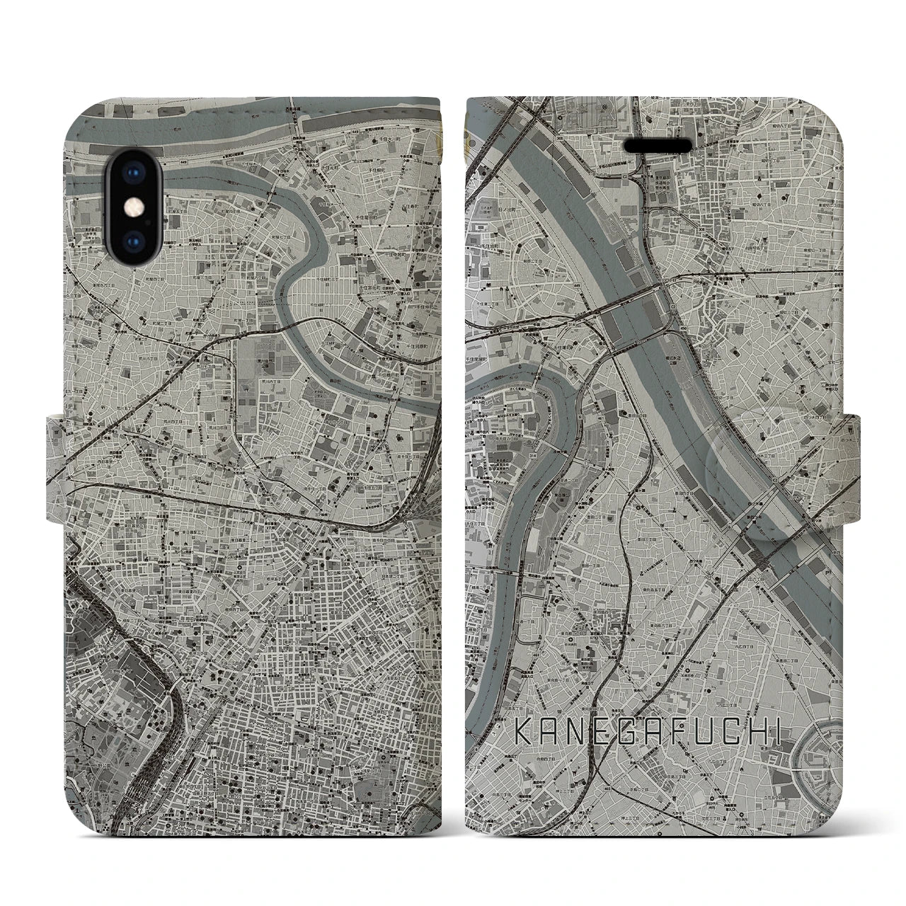 【鐘ヶ淵(東京都)】地図柄iPhoneケース(手帳タイプ)モノトーン・iPhone XS / X 用
