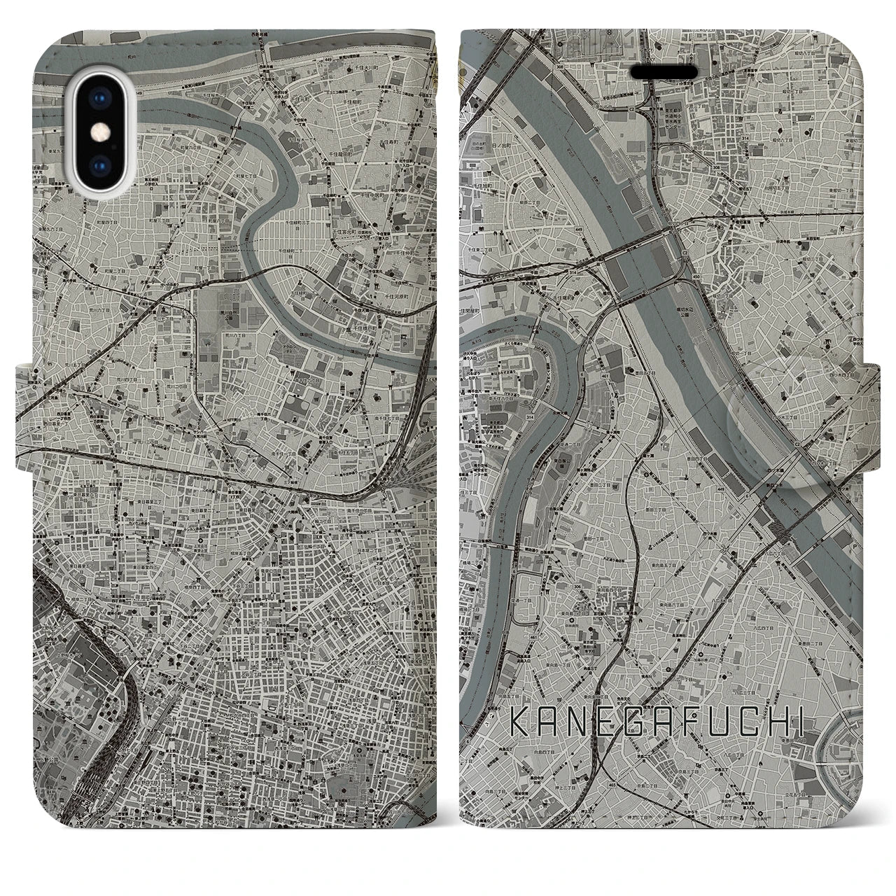 【鐘ヶ淵(東京都)】地図柄iPhoneケース(手帳タイプ)モノトーン・iPhone XS Max 用