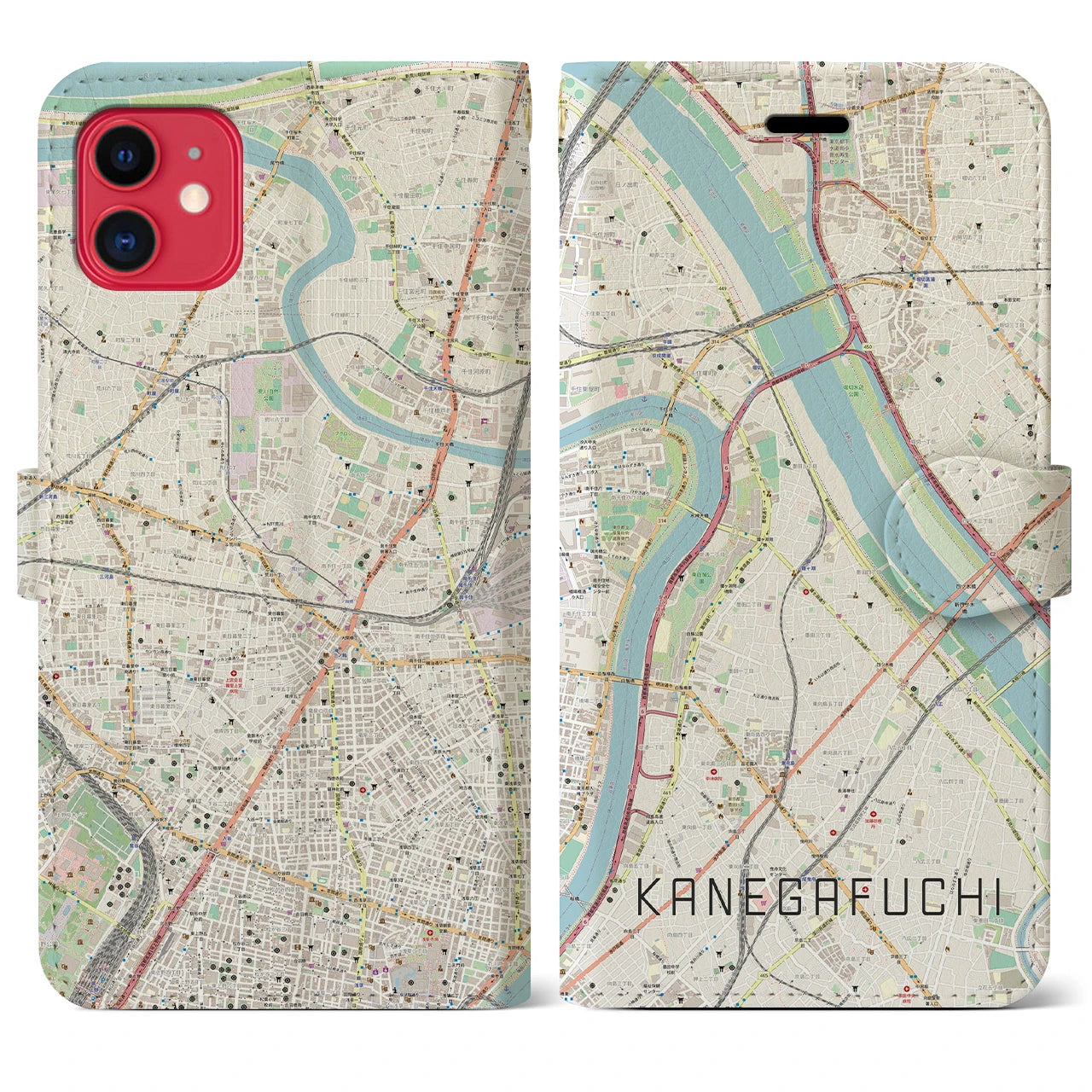 【鐘ヶ淵(東京都)】地図柄iPhoneケース(手帳タイプ)ナチュラル・iPhone 11 用