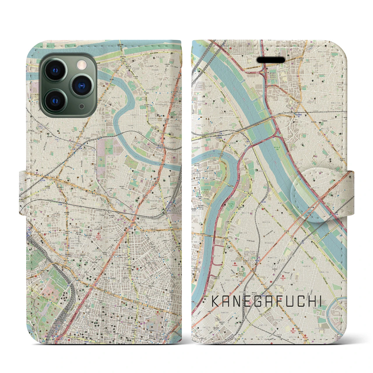 【鐘ヶ淵(東京都)】地図柄iPhoneケース(手帳タイプ)ナチュラル・iPhone 11 Pro 用
