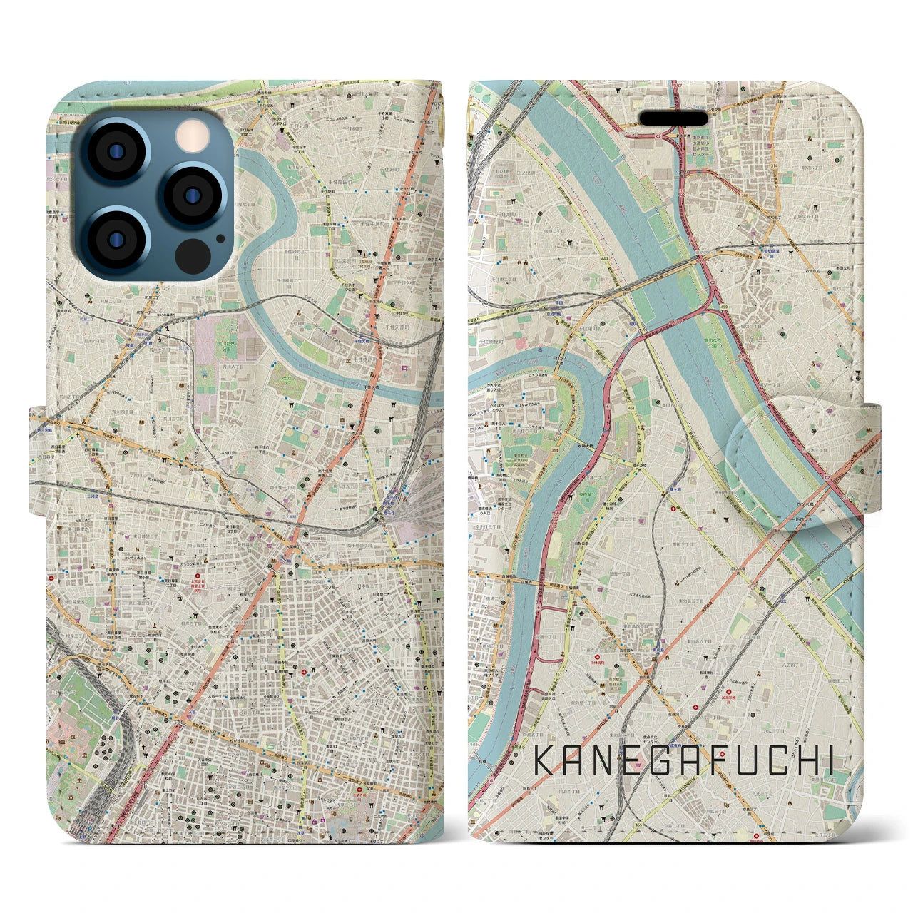 【鐘ヶ淵(東京都)】地図柄iPhoneケース(手帳タイプ)ナチュラル・iPhone 12 / 12 Pro 用