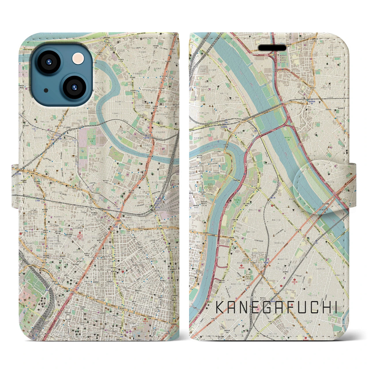 【鐘ヶ淵(東京都)】地図柄iPhoneケース(手帳タイプ)ナチュラル・iPhone 13 用