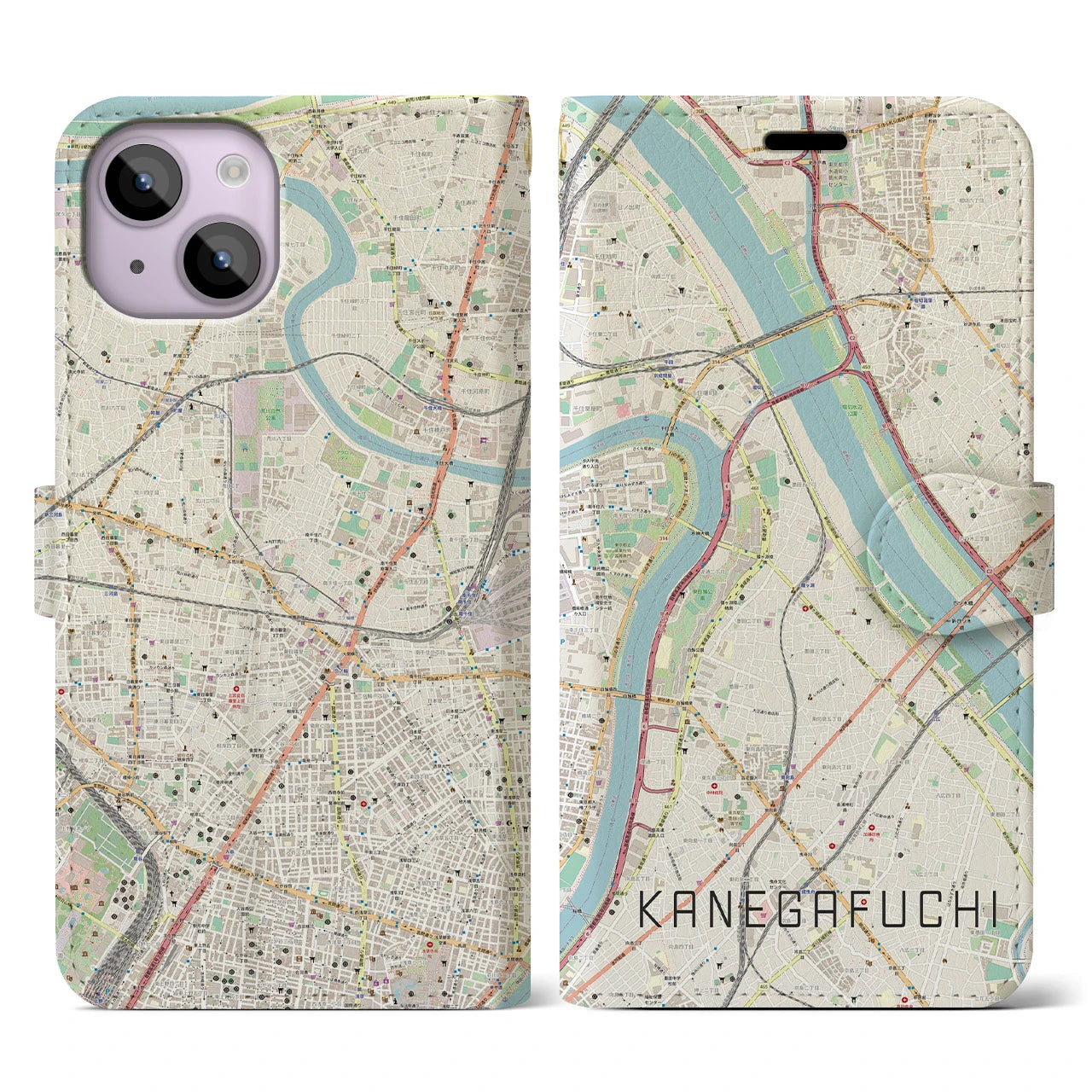 【鐘ヶ淵(東京都)】地図柄iPhoneケース(手帳タイプ)ナチュラル・iPhone 14 用