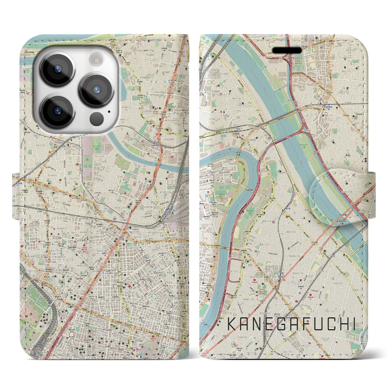 【鐘ヶ淵(東京都)】地図柄iPhoneケース(手帳タイプ)ナチュラル・iPhone 14 Pro 用