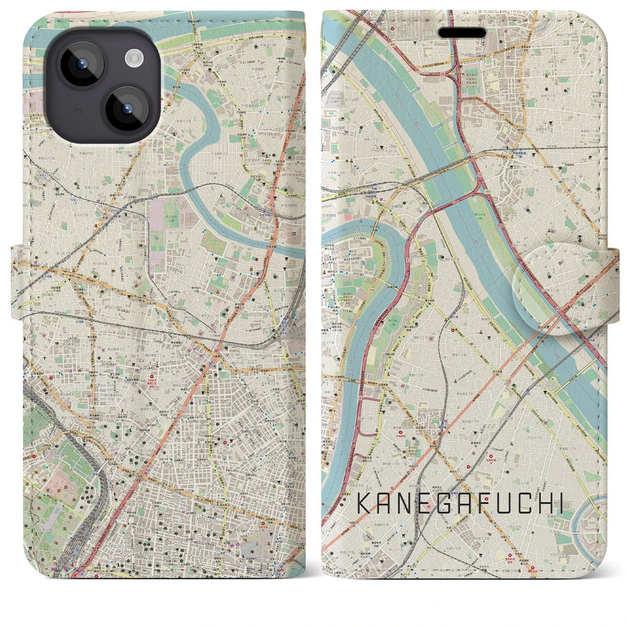 【鐘ヶ淵(東京都)】地図柄iPhoneケース(手帳タイプ)ナチュラル・iPhone 14 Plus 用