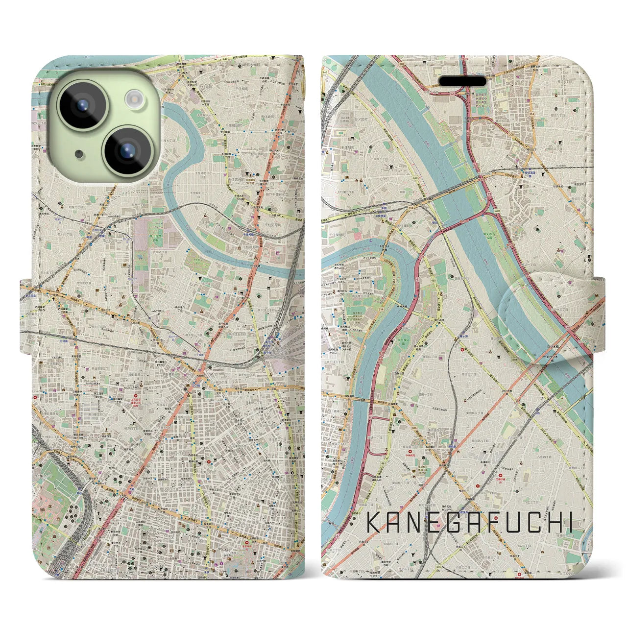 【鐘ヶ淵(東京都)】地図柄iPhoneケース(手帳タイプ)ナチュラル・iPhone 15 用