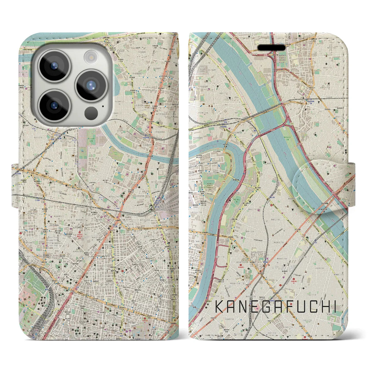 【鐘ヶ淵(東京都)】地図柄iPhoneケース(手帳タイプ)ナチュラル・iPhone 15 Pro 用