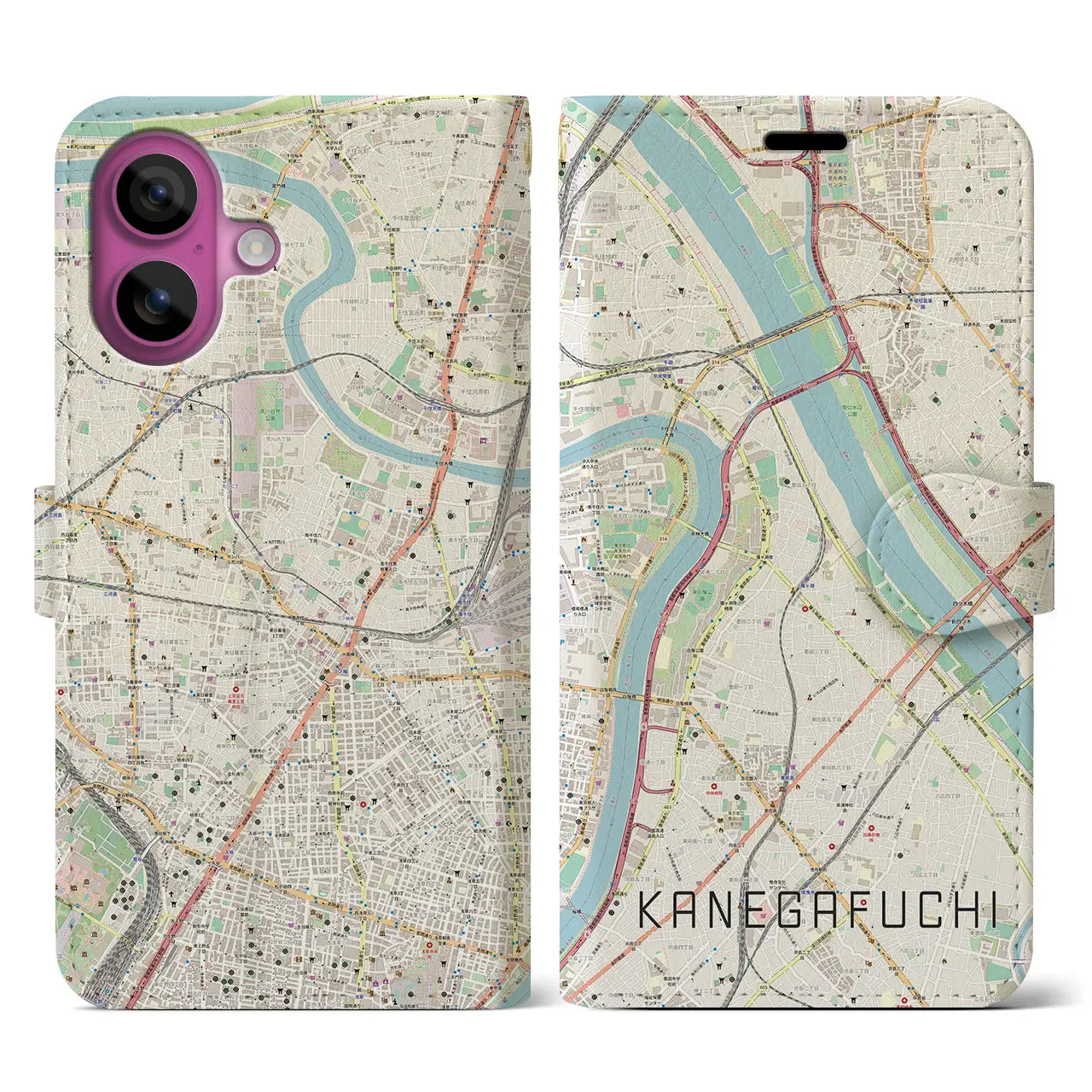 【鐘ヶ淵(東京都)】地図柄iPhoneケース(手帳タイプ)ナチュラル・iPhone 16 Pro 用