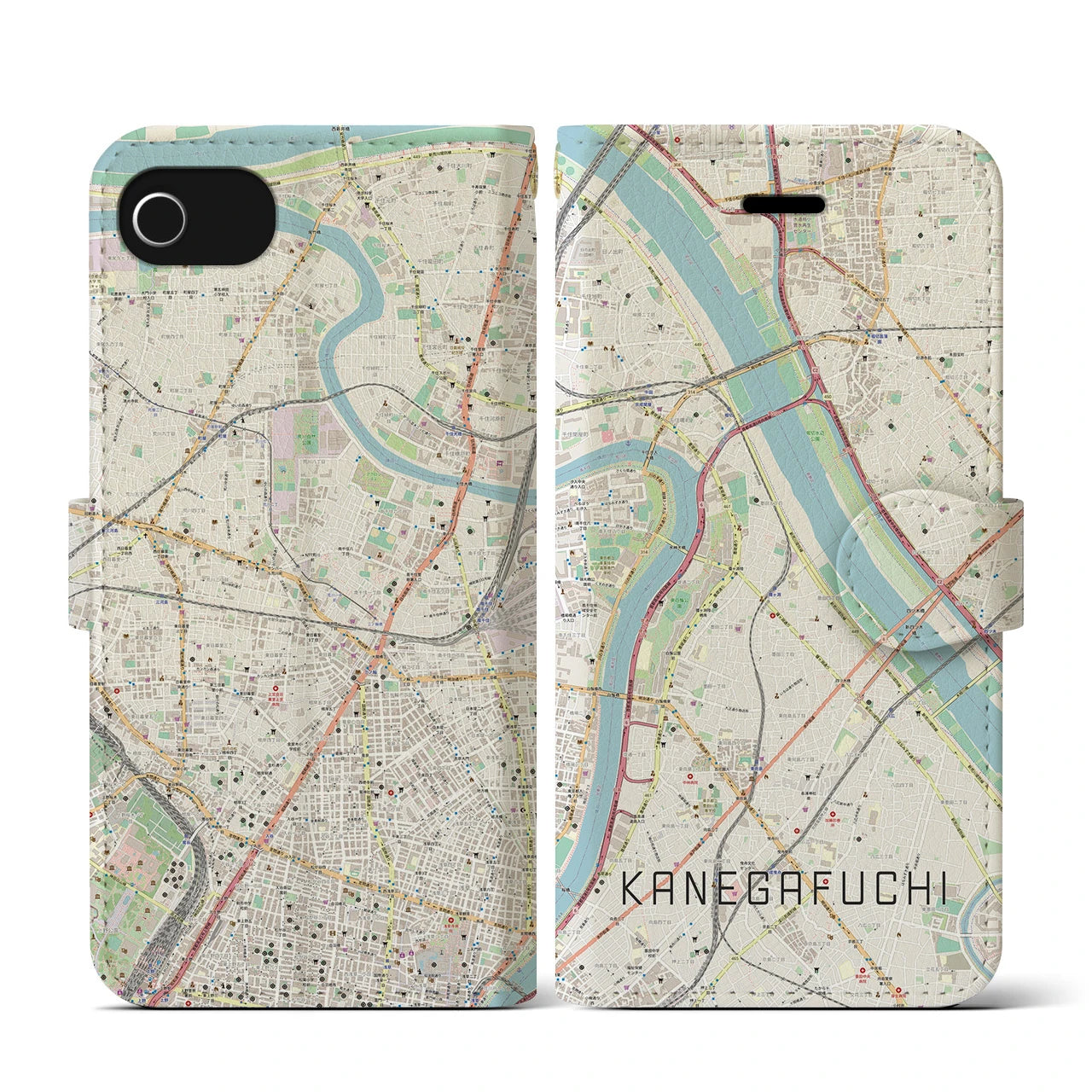 【鐘ヶ淵(東京都)】地図柄iPhoneケース(手帳タイプ)ナチュラル・iPhone SE(第3 / 第2世代) / 8 / 7 / 6s / 6 用