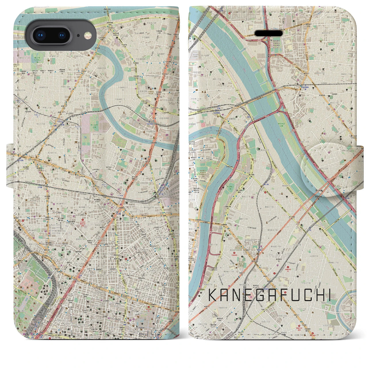 【鐘ヶ淵(東京都)】地図柄iPhoneケース(手帳タイプ)ナチュラル・iPhone 8Plus /7Plus / 6sPlus / 6Plus 用