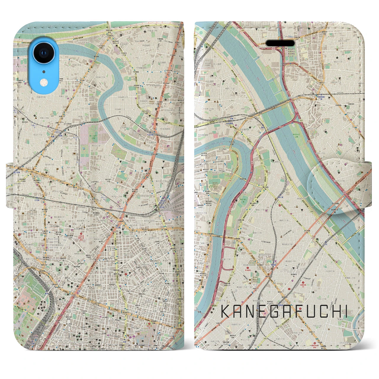 【鐘ヶ淵(東京都)】地図柄iPhoneケース(手帳タイプ)ナチュラル・iPhone XR 用
