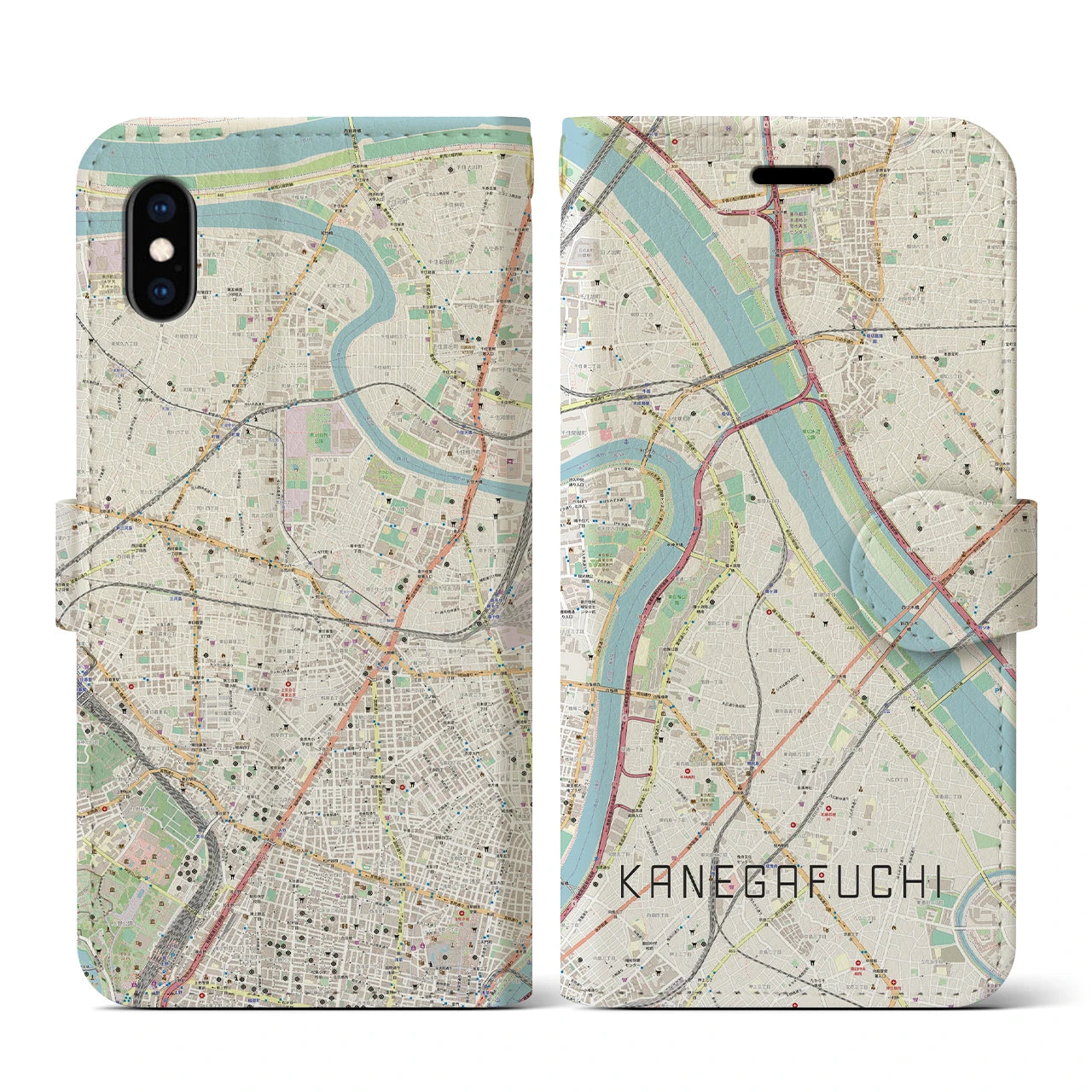 【鐘ヶ淵(東京都)】地図柄iPhoneケース(手帳タイプ)ナチュラル・iPhone XS / X 用
