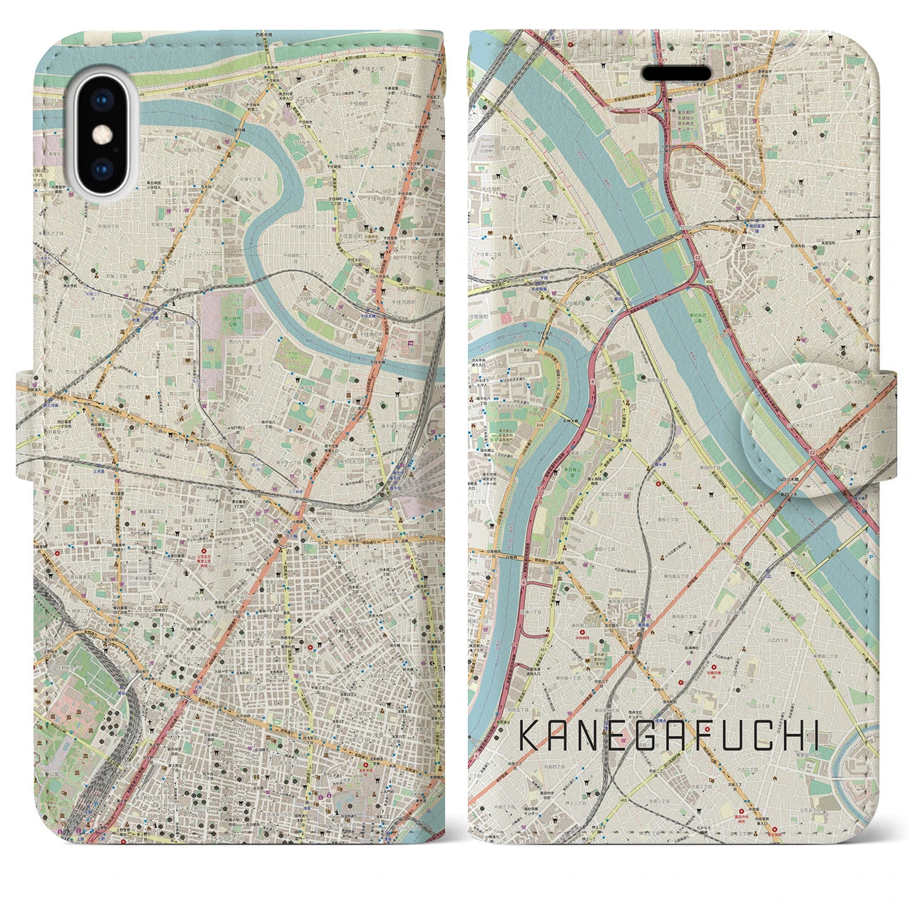 【鐘ヶ淵(東京都)】地図柄iPhoneケース(手帳タイプ)ナチュラル・iPhone XS Max 用
