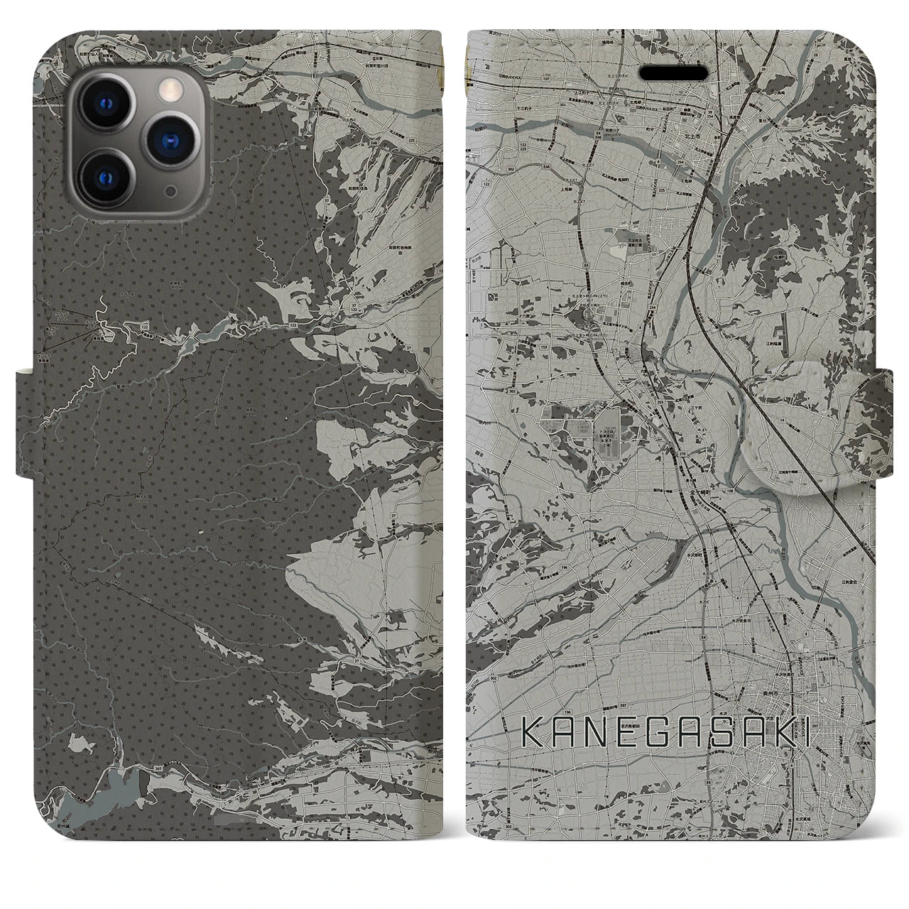 【金ケ崎(岩手県)】地図柄iPhoneケース(手帳タイプ)モノトーン・iPhone 11 Pro Max 用