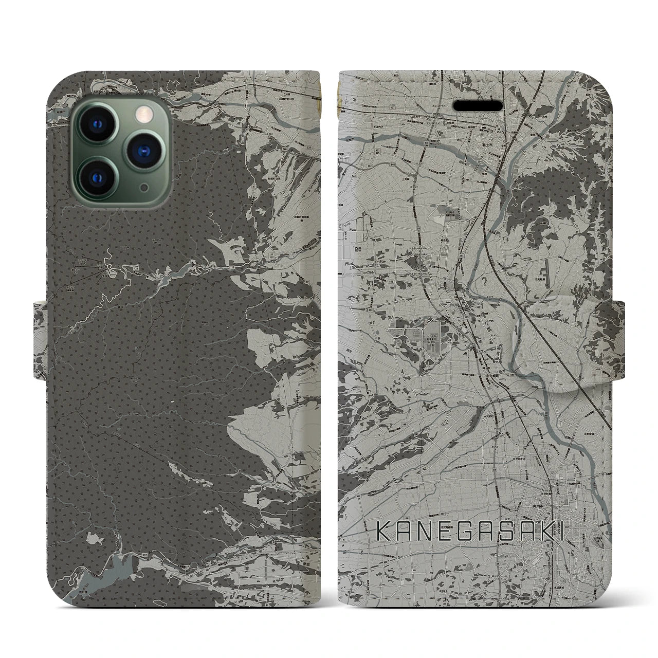 【金ケ崎(岩手県)】地図柄iPhoneケース(手帳タイプ)モノトーン・iPhone 11 Pro 用