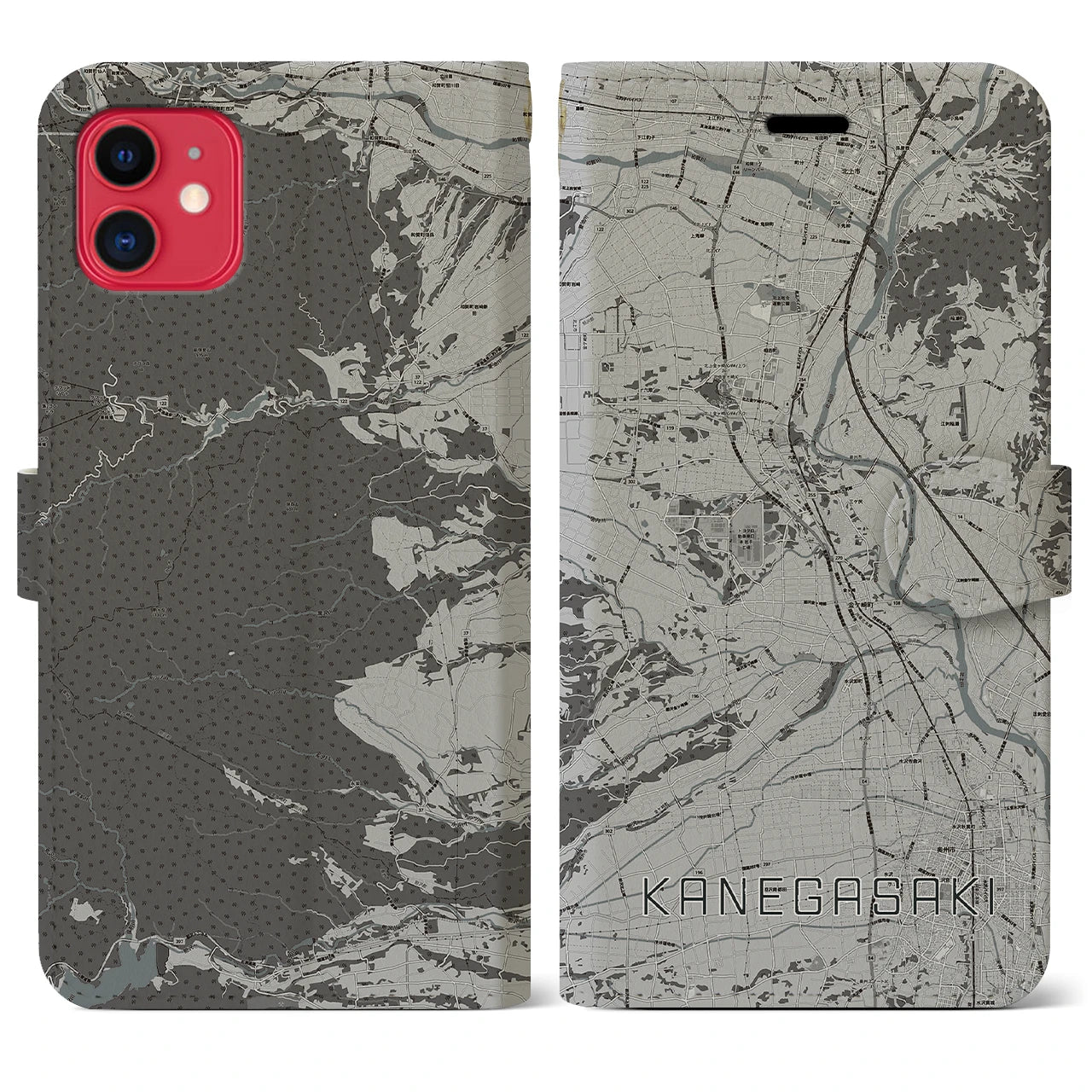 【金ケ崎(岩手県)】地図柄iPhoneケース(手帳タイプ)モノトーン・iPhone 11 用