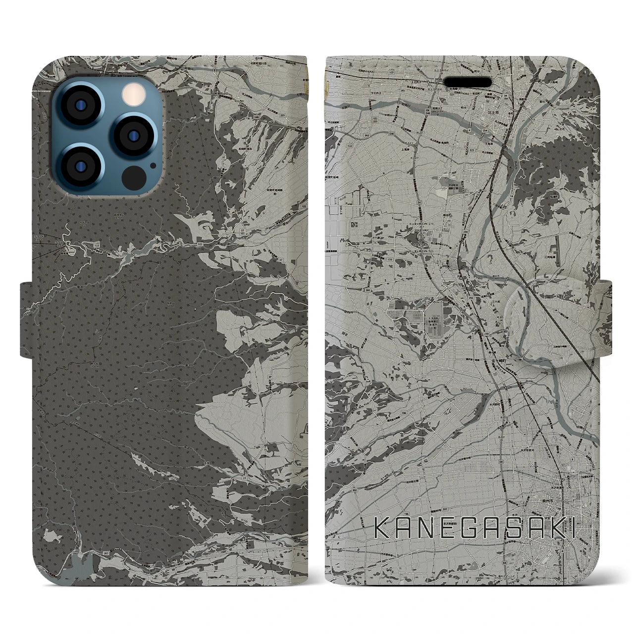 【金ケ崎(岩手県)】地図柄iPhoneケース(手帳タイプ)モノトーン・iPhone 12 / 12 Pro 用