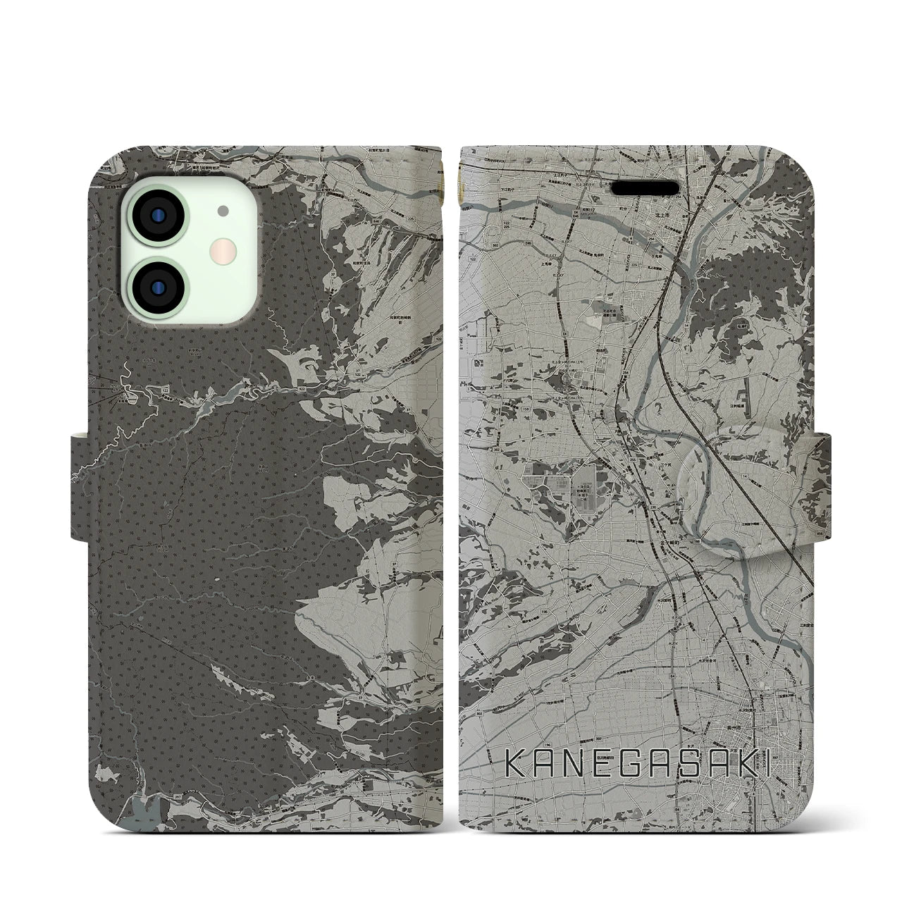 【金ケ崎(岩手県)】地図柄iPhoneケース(手帳タイプ)モノトーン・iPhone 12 mini 用