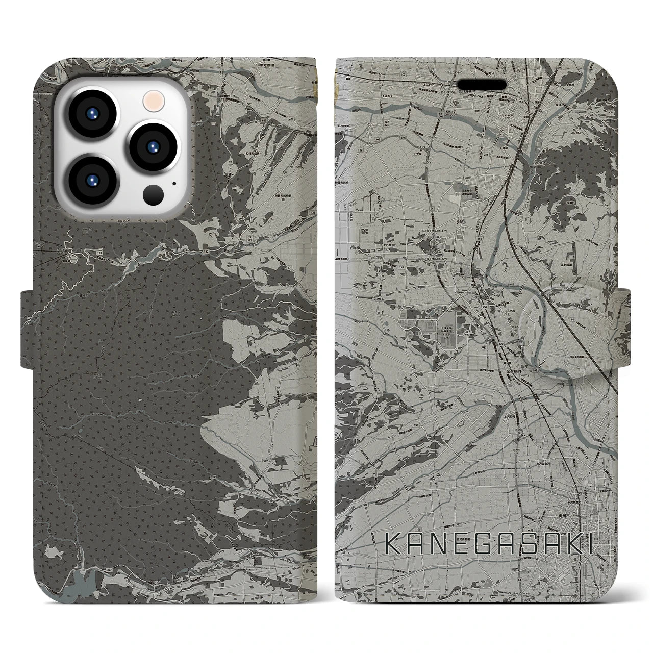 【金ケ崎(岩手県)】地図柄iPhoneケース(手帳タイプ)モノトーン・iPhone 13 Pro 用