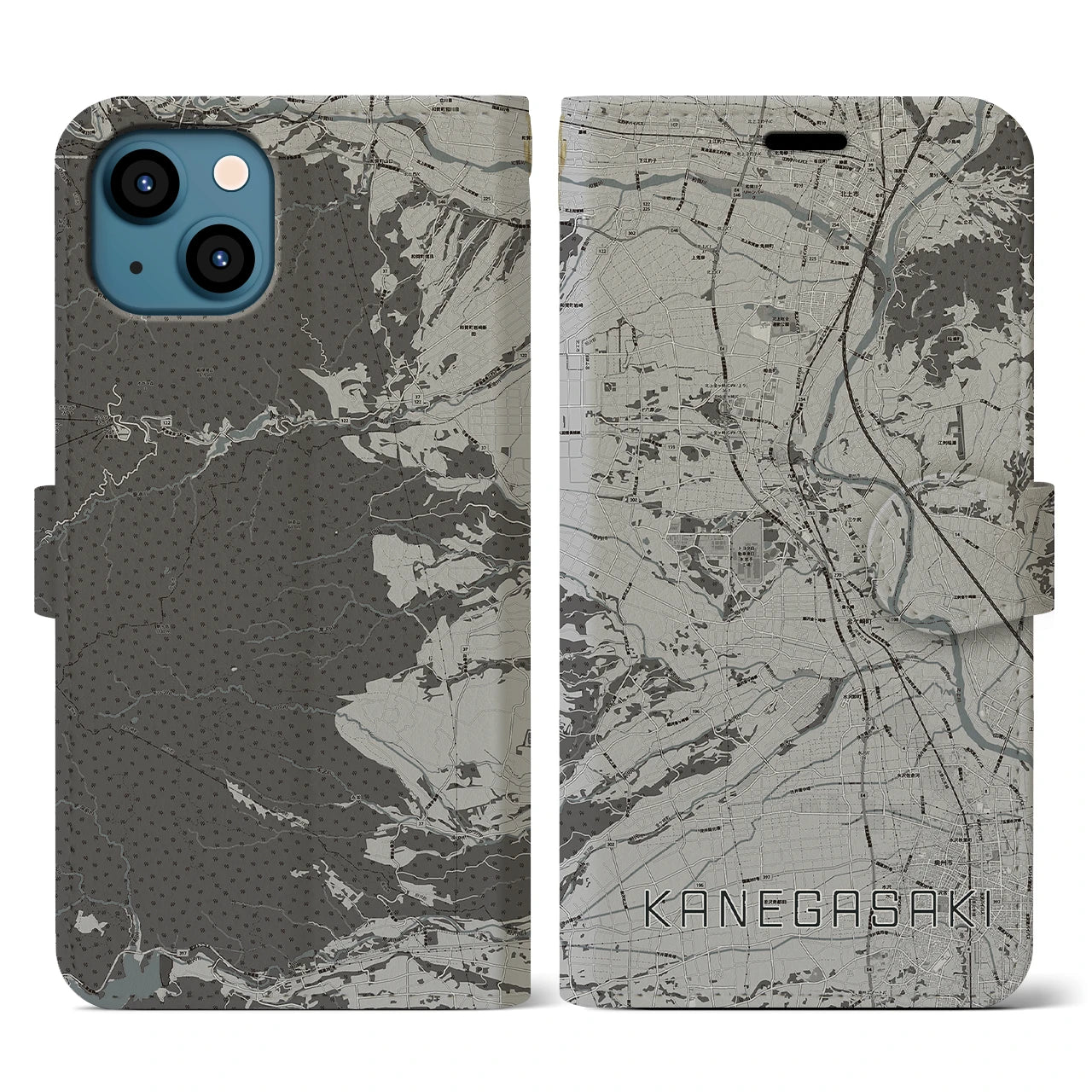【金ケ崎(岩手県)】地図柄iPhoneケース(手帳タイプ)モノトーン・iPhone 13 用