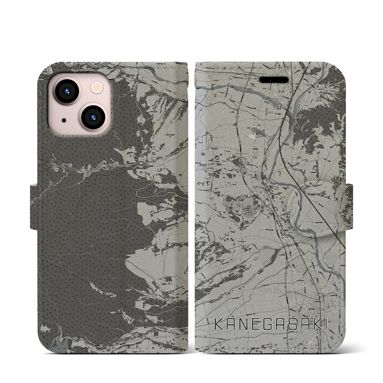 【金ケ崎(岩手県)】地図柄iPhoneケース(手帳タイプ)モノトーン・iPhone 13 mini 用