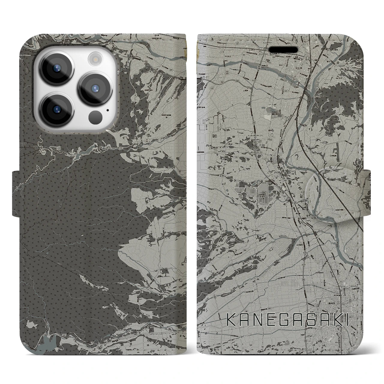 【金ケ崎(岩手県)】地図柄iPhoneケース(手帳タイプ)モノトーン・iPhone 14 Pro 用