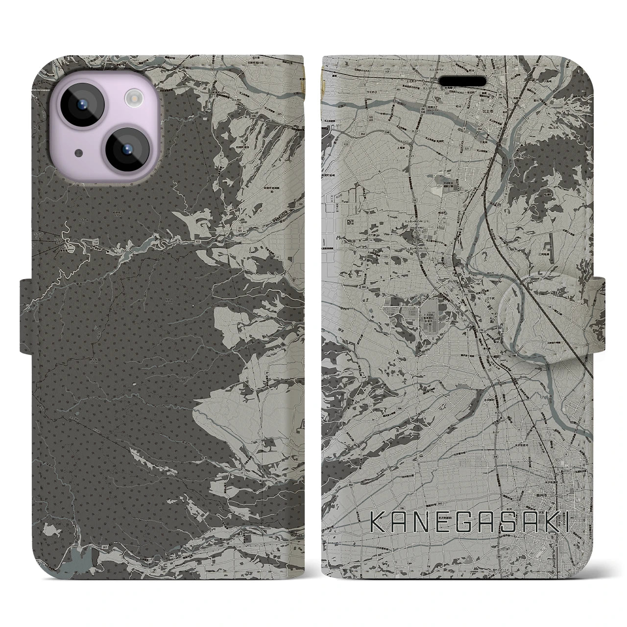 【金ケ崎(岩手県)】地図柄iPhoneケース(手帳タイプ)モノトーン・iPhone 14 用