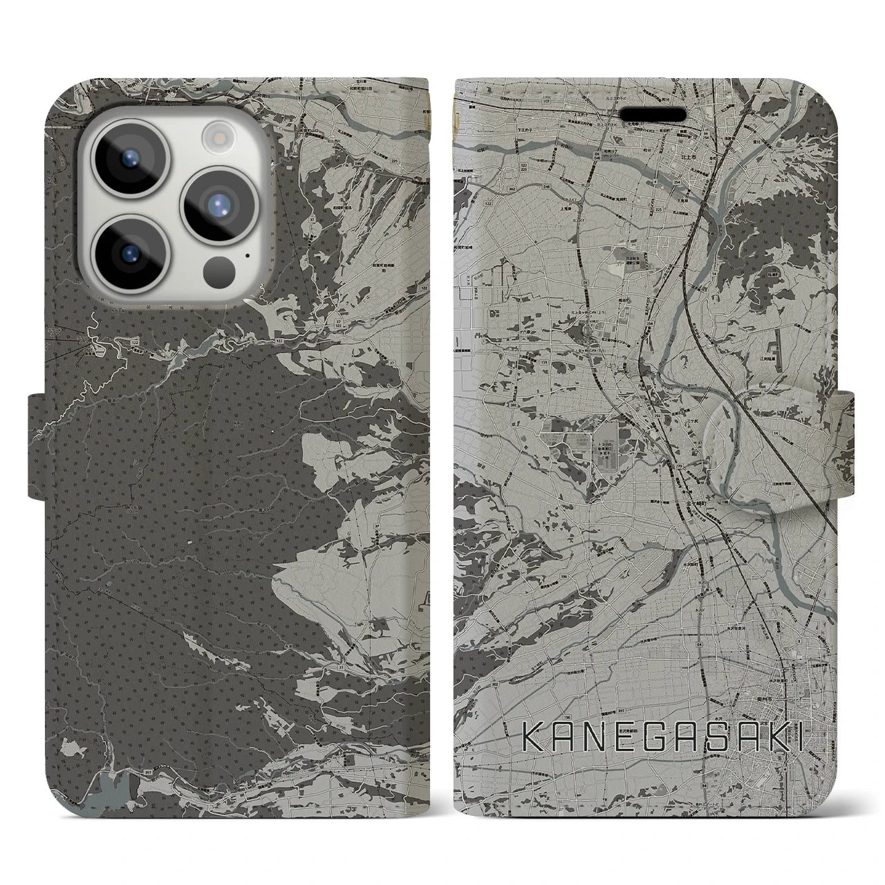 【金ケ崎(岩手県)】地図柄iPhoneケース(手帳タイプ)モノトーン・iPhone 15 Pro 用