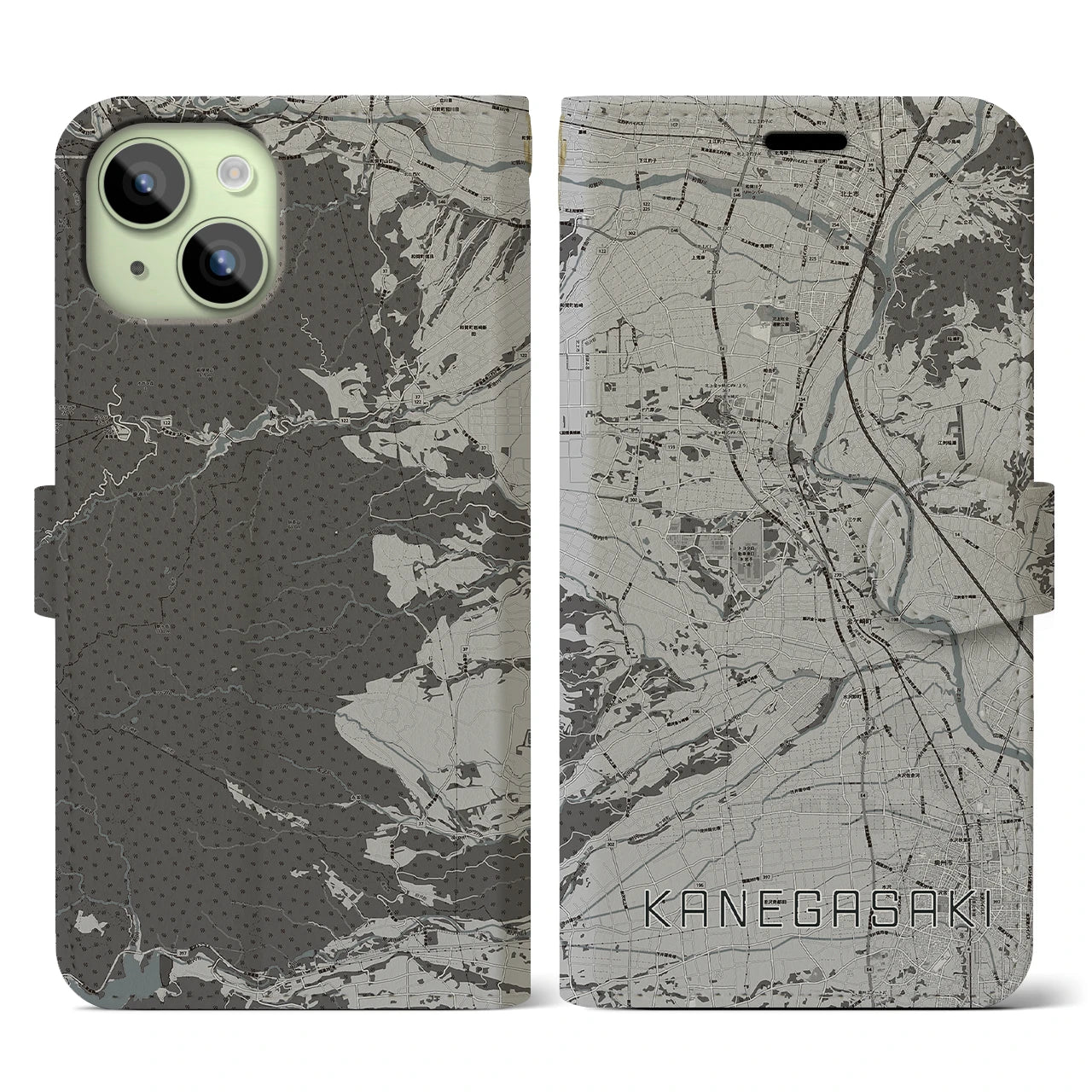 【金ケ崎(岩手県)】地図柄iPhoneケース(手帳タイプ)モノトーン・iPhone 15 用